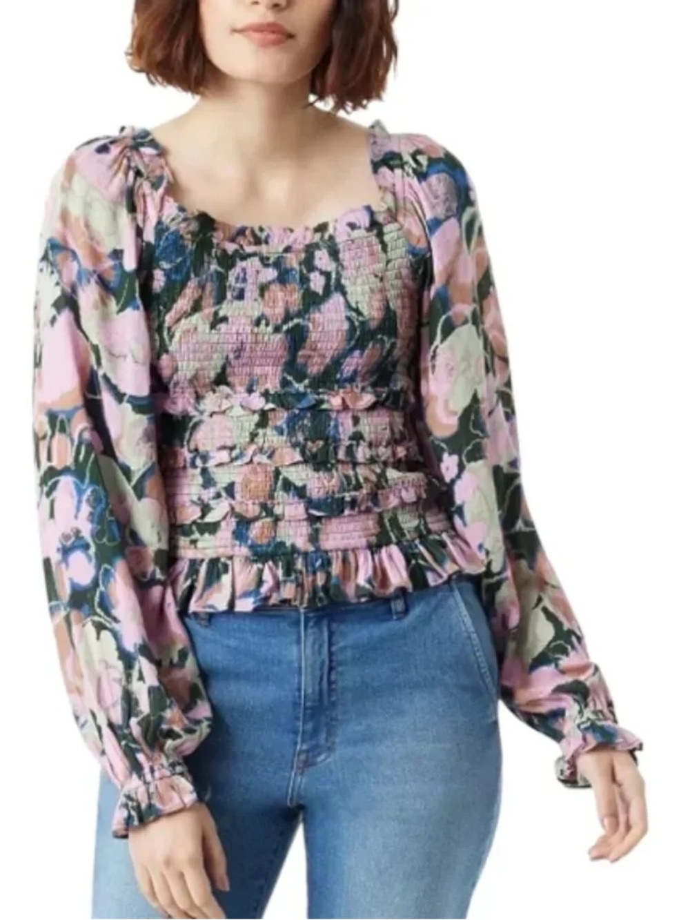 Sam Edelman Pink Floral Smocked Peplum Blouse NWOT